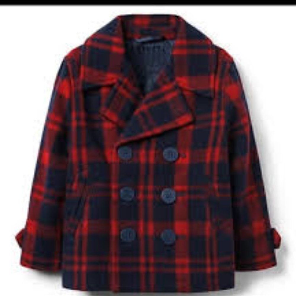 Janie and Jack Red Navy Plaid Peacoat Sz 3 - 4